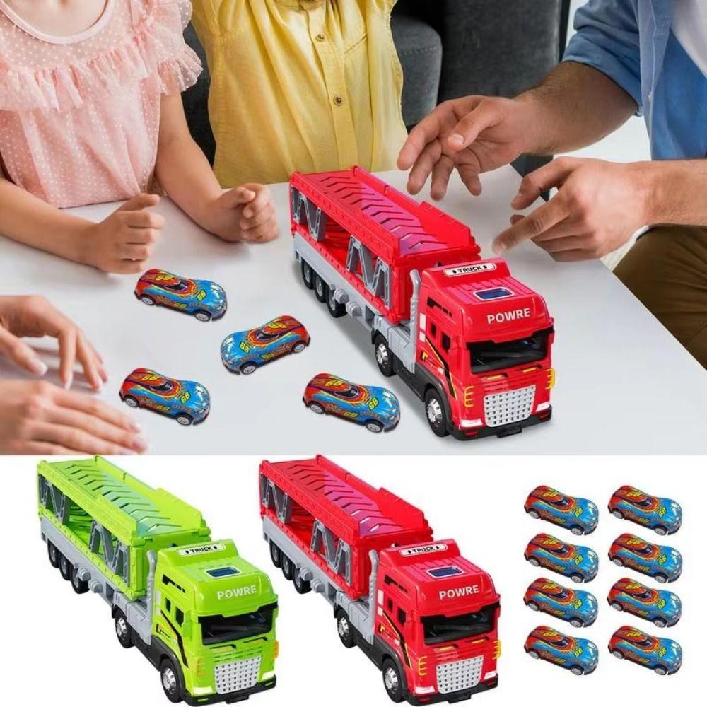 Инерционный транспортный автомобиль с оттяжкой, двухэтажный прицеп, игрушка, подарок для детей красный